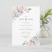 Faire-part de mariage Floral rose et bleu Hydrange (Debout devant)