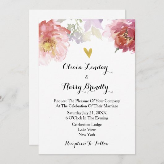 Faire-part de mariage floral rose et bordeaux Mars (Devant / Derrière)