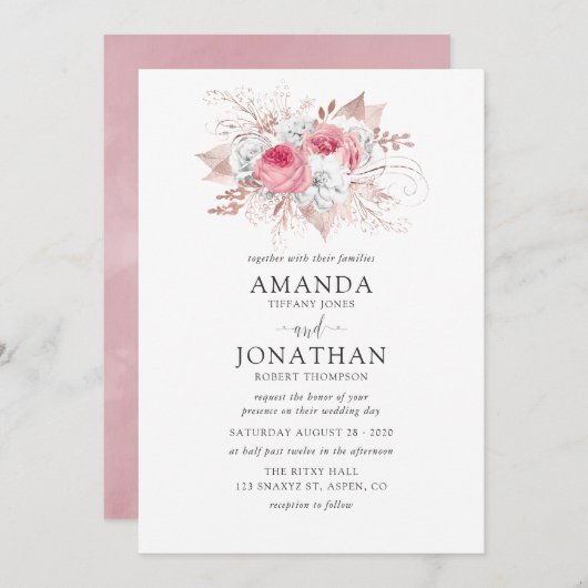 Faire-part de mariage floral rose et or Rose (Devant / Derrière)