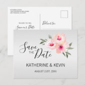 Faire-part de mariage floral rose gris aquarelle É (Devant / Derrière)