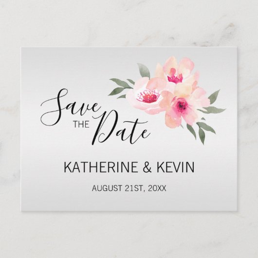 Faire-part de mariage floral rose gris aquarelle É (Devant)