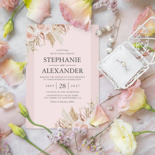 Faire-part de mariage floral rose herbe de la Pamp