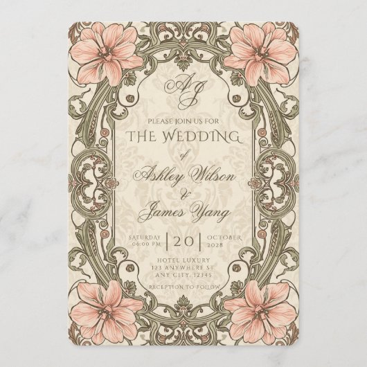 Faire-part de mariage floral rose or (Devant)