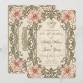 Faire-part de mariage floral rose or (Devant / Derrière)