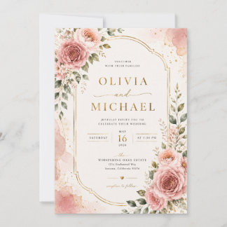 Faire-part de mariage floral rose poudré | Aquarel