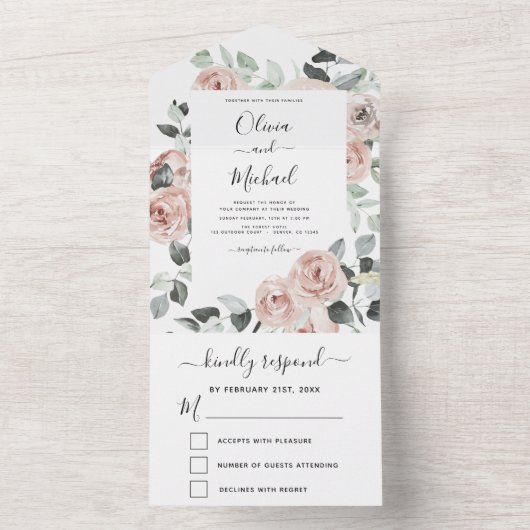 Faire-part de mariage floral rose poudré - vert sa (À l'intérieur)