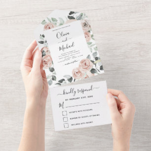 Faire-part de mariage floral rose poudré - vert sa