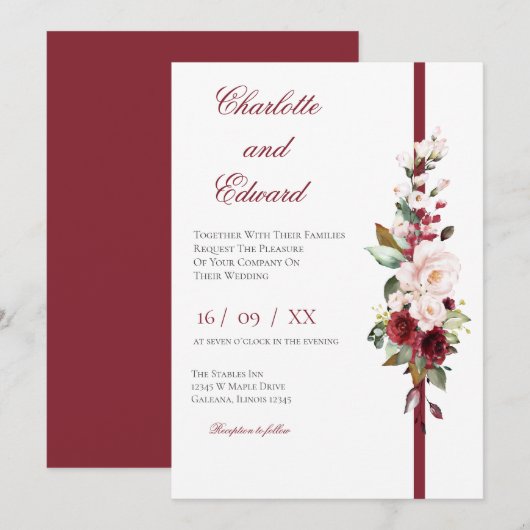 Faire-part de mariage Floral Rouge (Devant / Derrière)