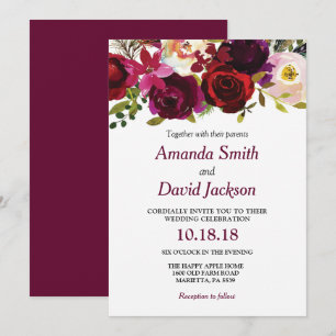 Faire-part de mariage floral rouge burgundy aquare