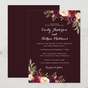 Faire-part de mariage floral rouge de Bourgogne pr
