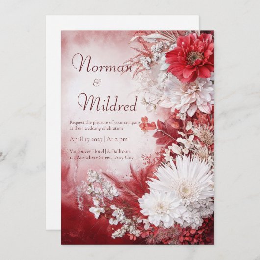 Faire-part de mariage floral rouge et blanc rustiq (Devant / Derrière)