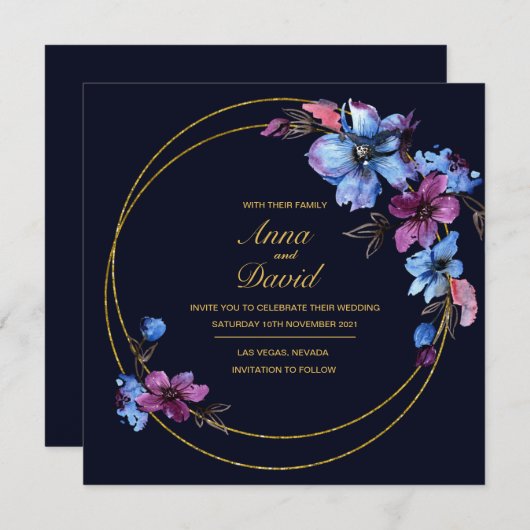 Faire-part de mariage Floral Royal Blue moderne (Devant / Derrière)