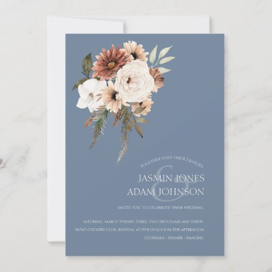 Faire-part de mariage floral rustique bleu foncé (Devant)