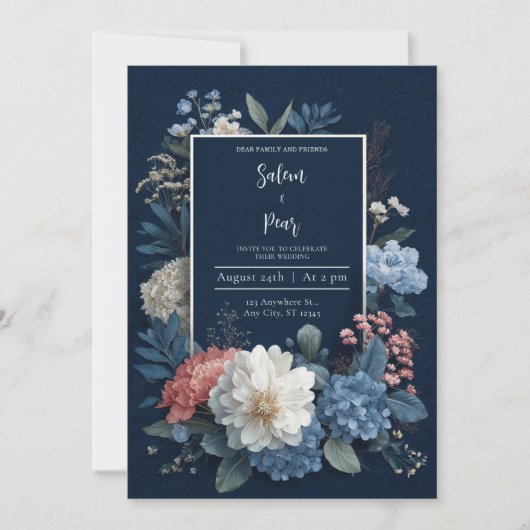 Faire-part de mariage Floral Rustique bleu marine (Devant)