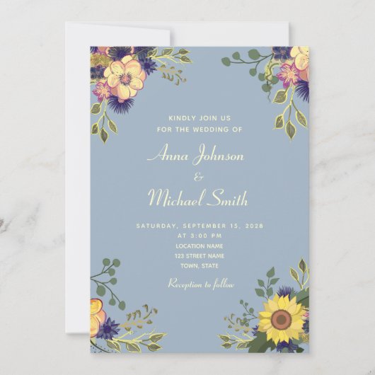 Faire-part de mariage Floral Rustique Bleu Poussié (Devant)
