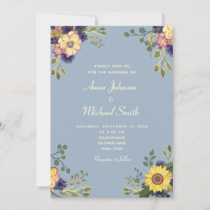 Faire-part de mariage Floral Rustique Bleu Poussié