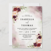 Faire-part de mariage floral rustique bordeaux blu (Devant)
