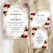 Faire-part de mariage floral rustique bordeaux blu
