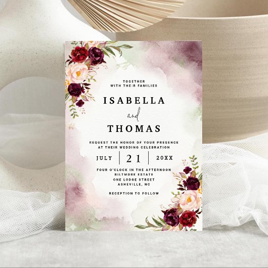 Faire-part de mariage floral rustique bordeaux blu
