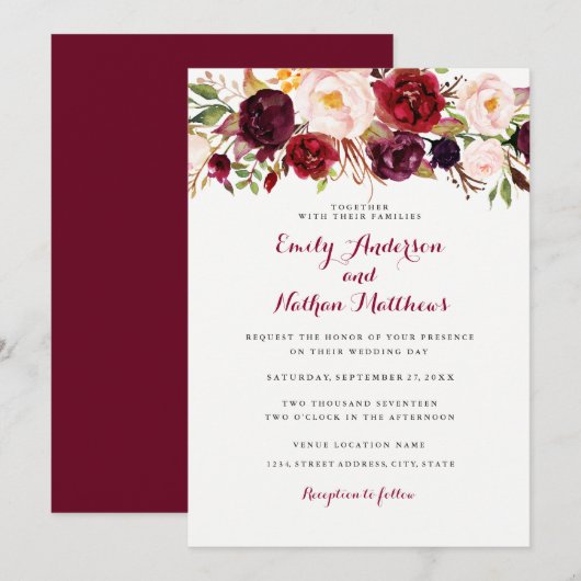 Faire-part de mariage floral rustique burgundy (Devant / Derrière)