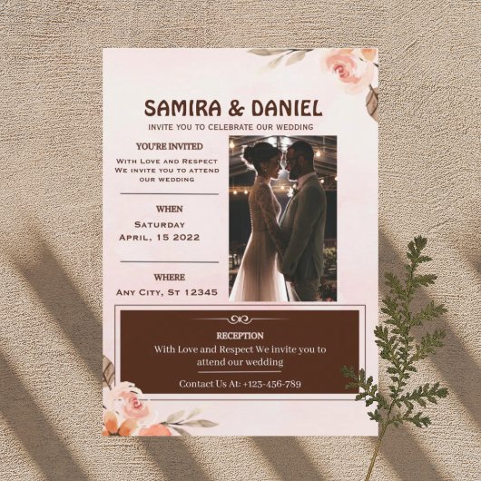 Faire-part de mariage floral rustique crème brun d