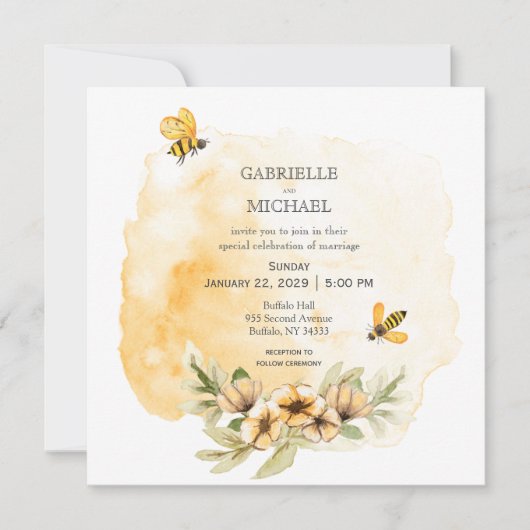 Faire-part de mariage floral rustique d'abeille (Devant)