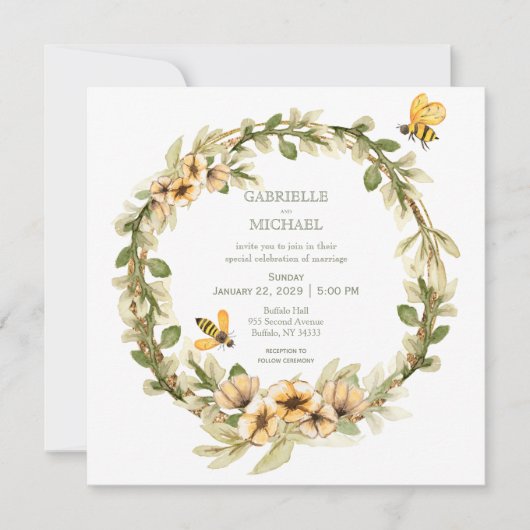 Faire-part de mariage floral rustique d'abeille (Devant)