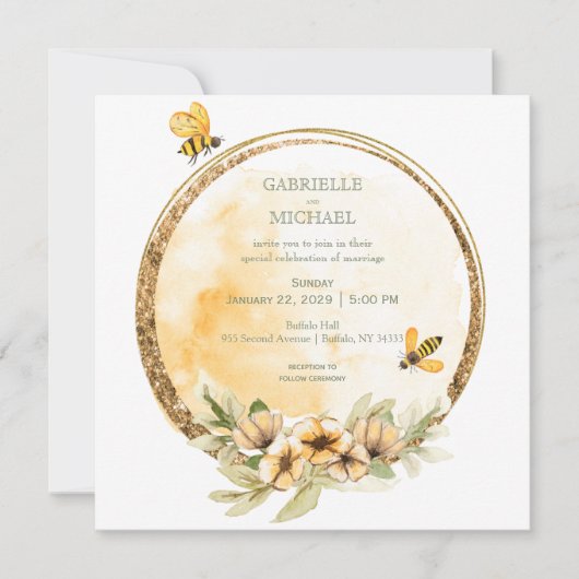 Faire-part de mariage floral rustique d'abeille (Devant)