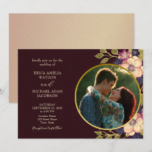 Faire-part de mariage floral rustique en bordeaux
