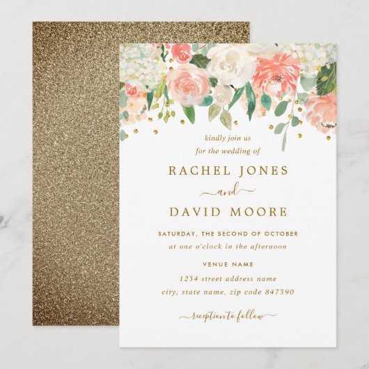 Faire-part de mariage floral rustique or pêche ros (Devant / Derrière)