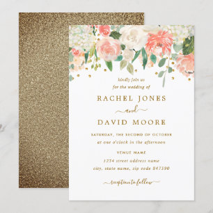 Faire-part de mariage floral rustique or pêche ros