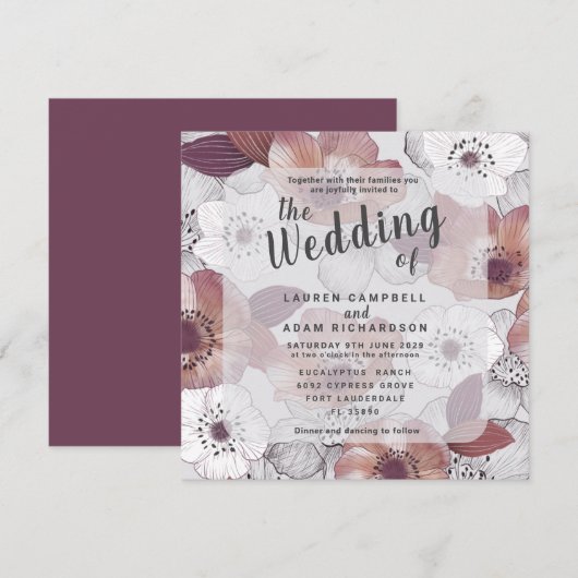 Faire-part de mariage floral rustique prune violet (Devant / Derrière)