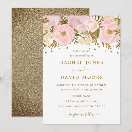 Faire-part de mariage floral rustique rose doré (Devant / Derrière)