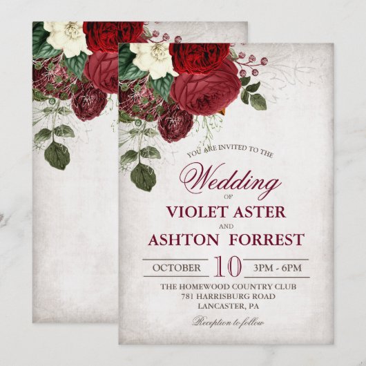 Faire-part de mariage floral rustique vintage (Devant / Derrière)