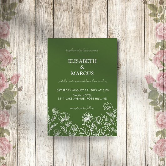 Faire-part de mariage floral simple vert olive
