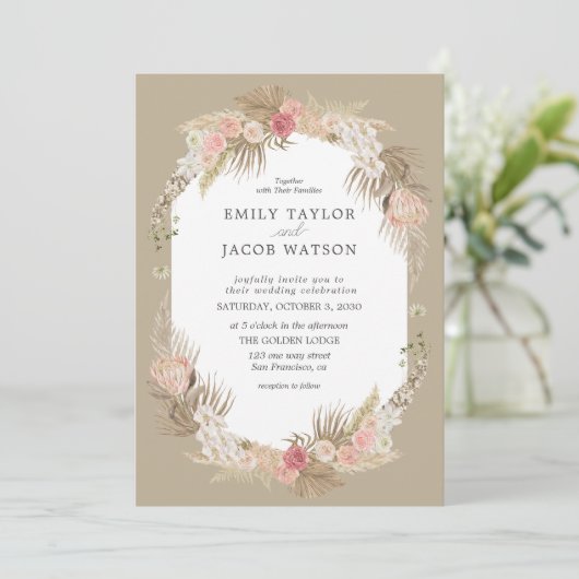Faire-part de mariage floral Taupe Boho (Debout devant)