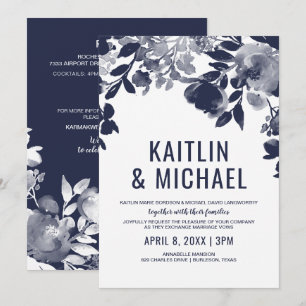Faire-part de mariage Floral tout-en-un (bleu mari