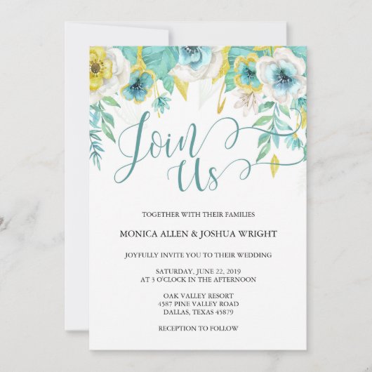 Faire-part de mariage floral turquoise d'Aqua (Devant)