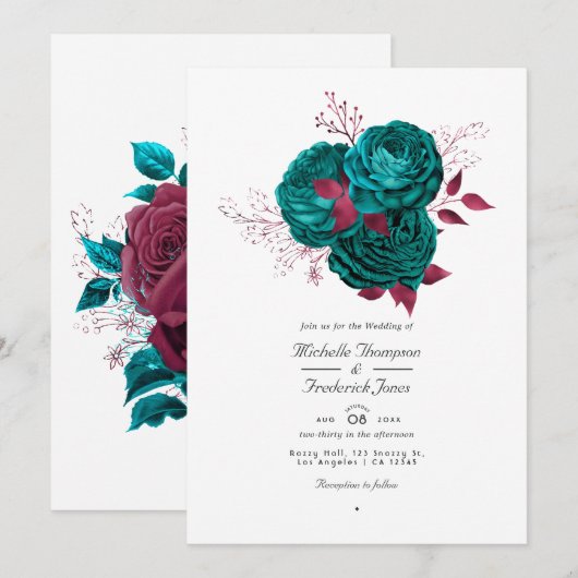 Faire-part de mariage floral turquoise et bourguig (Devant / Derrière)