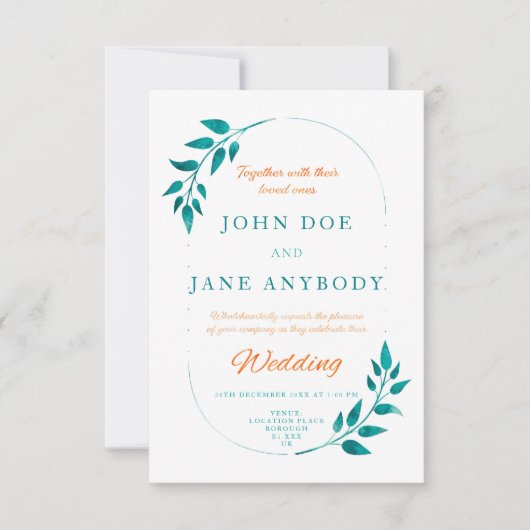 Faire-part de mariage Floral turquoise & Orange (Devant)