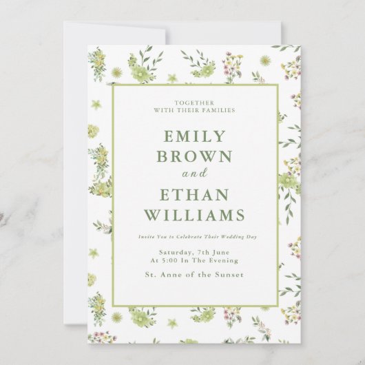 Faire-part de mariage Floral Vert (Devant)