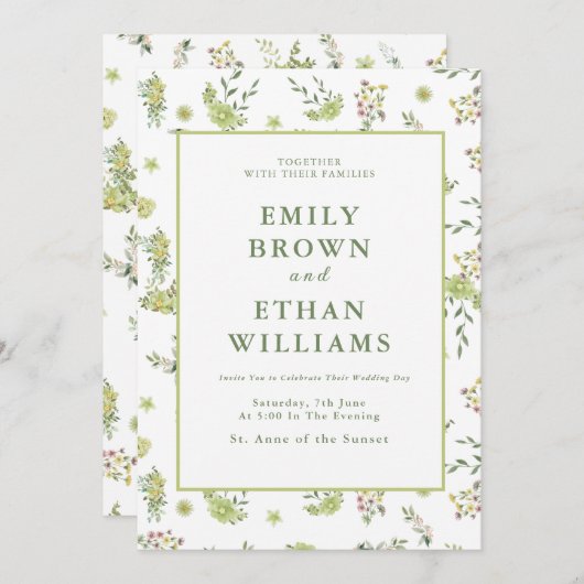 Faire-part de mariage Floral Vert (Devant / Derrière)