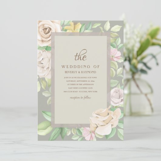 Faire-part de mariage floral vert doux (Debout devant)