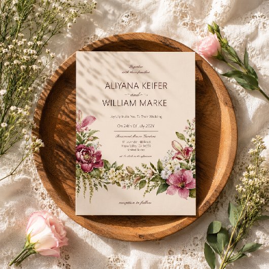 Faire-part de mariage floral vert olive botanique