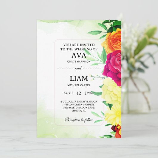 Faire-part de mariage floral vert sauge (Debout devant)