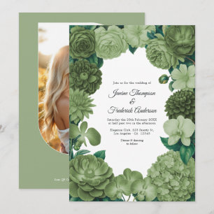 Faire-part de mariage floral vert sauge avec photo