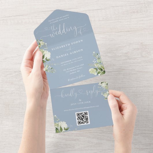Faire-part de mariage Floral Vert Script Bleu Pous (Déchirure)
