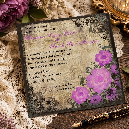 Faire-Part de Mariage Floral Vintage Pivoines Viol