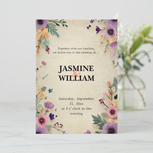 Faire-part de mariage floral vintage rustique (Debout devant)