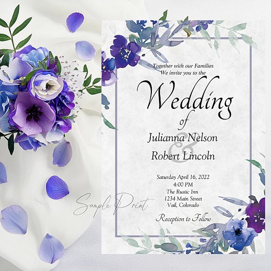Faire-part de mariage floral violet et bleu Budget